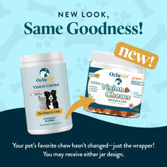 OcluVet Vision Chews being poured from the bottle for easy daily dosing.