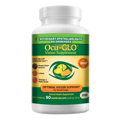 Ocu-GLO canine vision supplement bottle for small dogs supports daily eye health.