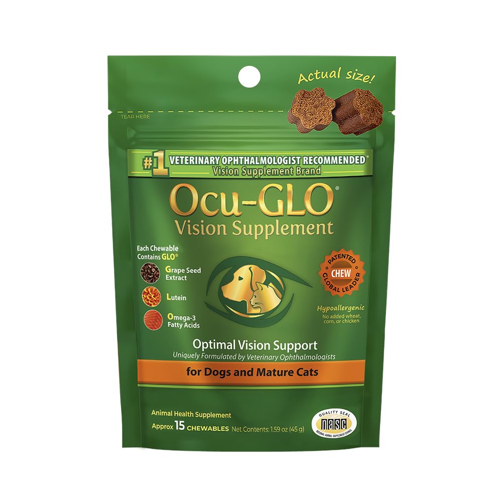 Ocu-GLO dog-cat senior eye supplement bottle shown for daily ocular support and overall eye health.