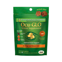 Ocu-GLO dog-cat senior eye supplement bottle shown for daily ocular support and overall eye health.