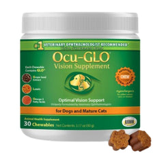 Ocu-GLO eye-supplement-dog-bottle: veterinarian-recommended chew for canine eye health.