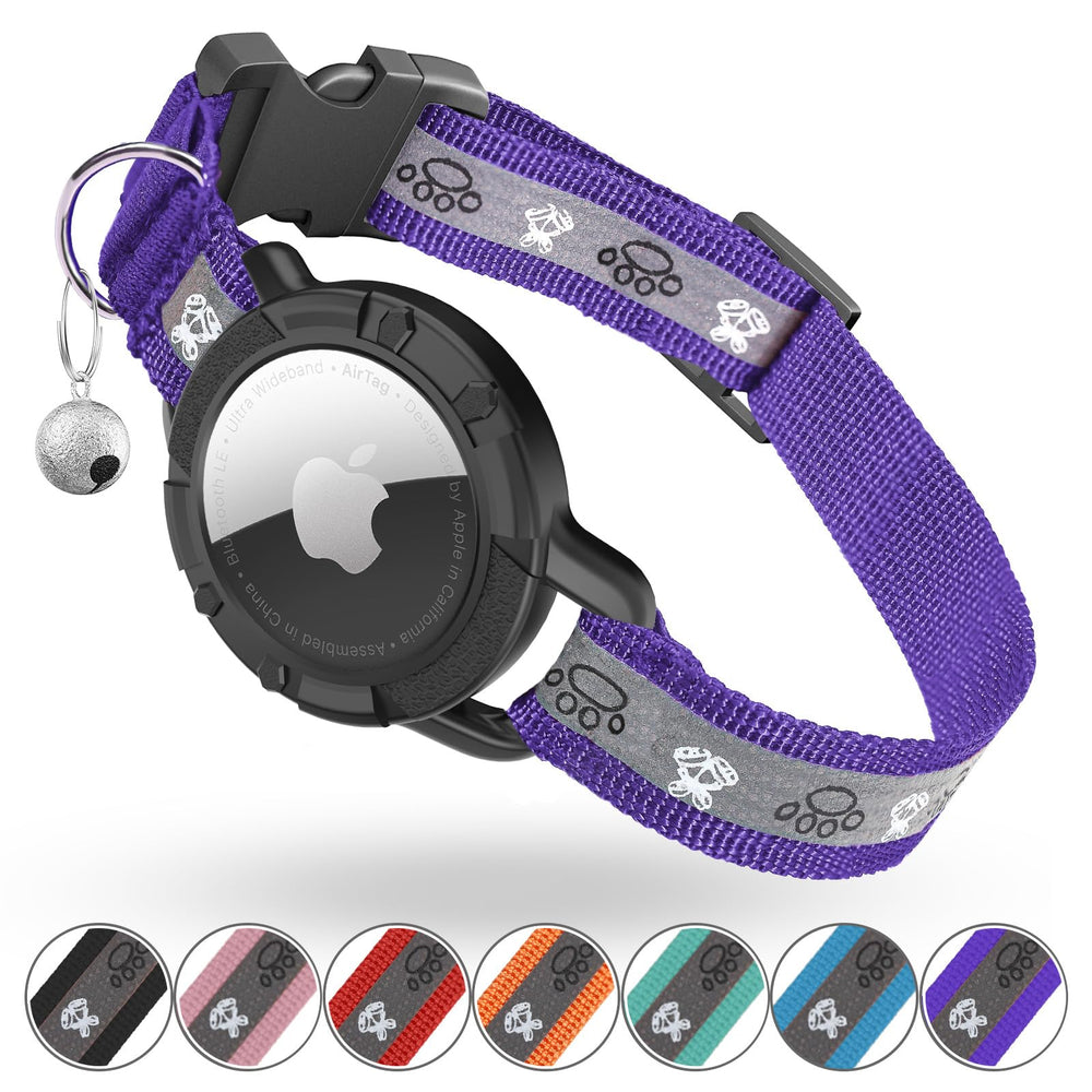 Odokele Reflective AirTag collar purple XS close-up showing night-visible reflective strips for easy locating.