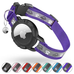Odokele Reflective AirTag collar purple XS close-up showing night-visible reflective strips for easy locating.