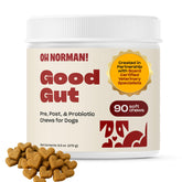 Oh Norman! Probiotic Chews in a dog bowl promoting digestive comfort and enjoyment.