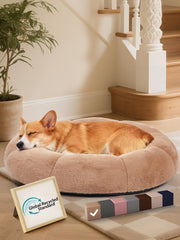 OhGeni camel donut bed 31in shows cozy round shape for medium pets' comfy lounging