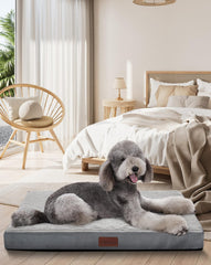OhGeni Orthopedic Bed 47in gray front view for XL pets in crates.