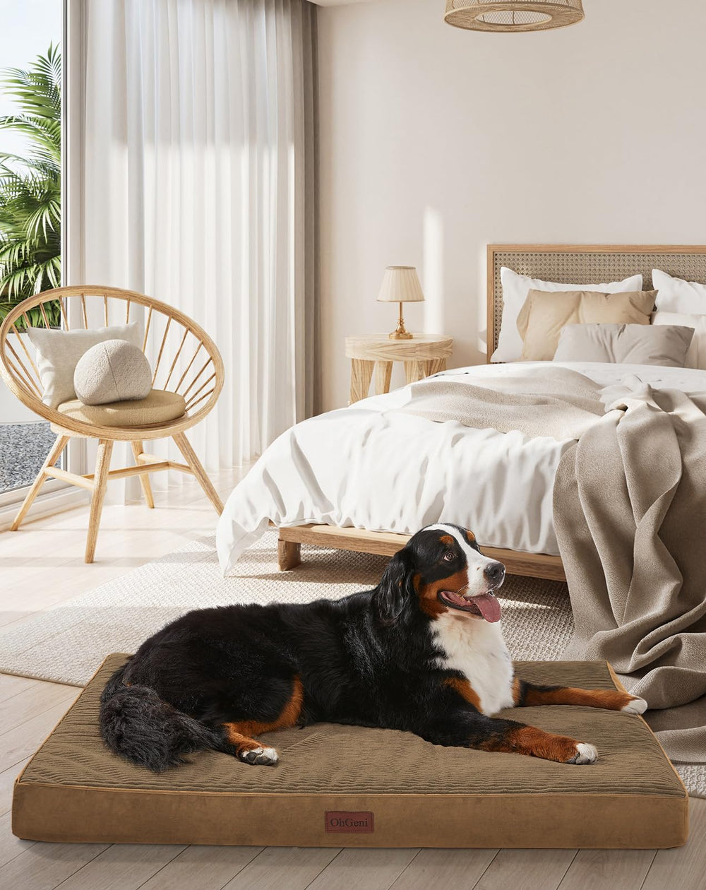 OhGeni orthopedic dog bed 54-inch coffee, side view showing spacious support for large pets