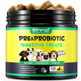 Oimmal dog probiotics chews close-up showing duck flavor and digestive support
