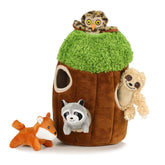okegztoa hide and seek tree trunk with plush animals for engaging dog play.