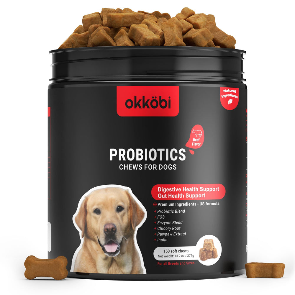 OKKÖBI Probioticos para perros, gomitas en bote, apoyo digestivo suave.