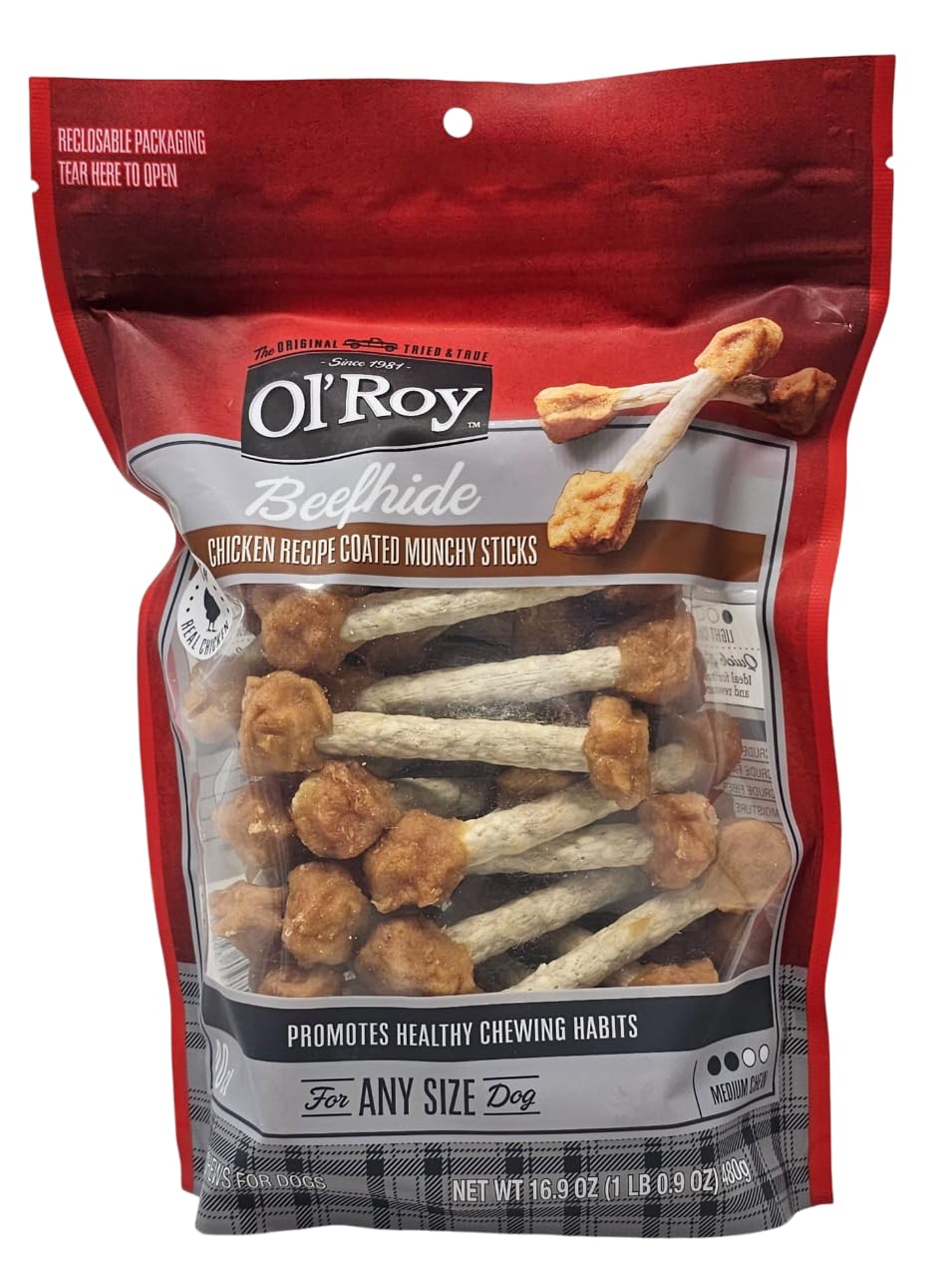 Ol' Roy beefhide chicken coated munchy sticks pack front shows 40-count dog treats for longer chews.