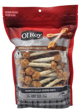 Ol' Roy beefhide chicken coated munchy sticks pack front shows 40-count dog treats for longer chews.
