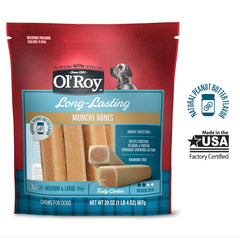 Dog during walk chews Ol' Roy Munchy Bone, a portable chew for busy owners