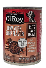 Ol' Roy New York strip can close-up with rich gravy for mealtime variety