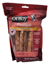 Ol' Roy Porkhide Chicken Wrapped Twists bag in hand, a satisfying chew for dogs of all sizes