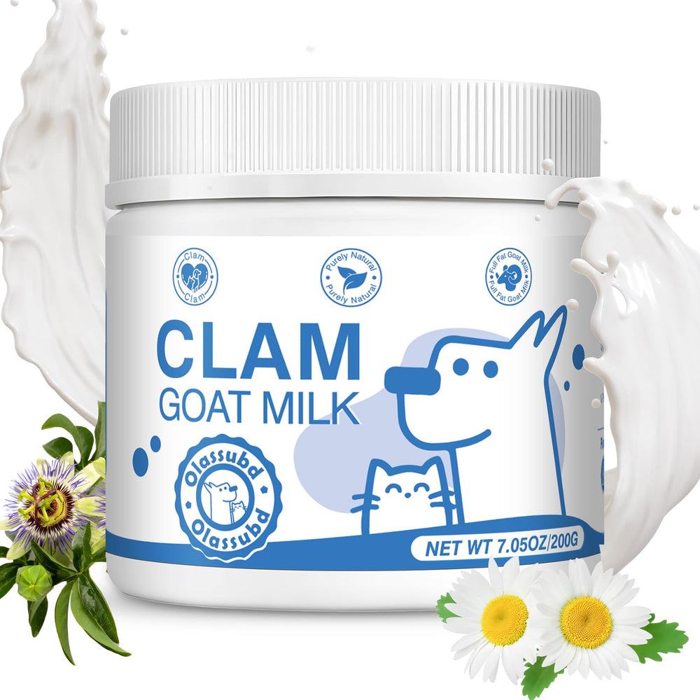 Olassubd goat milk powder tub closeup shows premium ingredients for pet calm