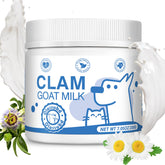 Olassubd goat milk powder tub closeup shows premium ingredients for pet calm