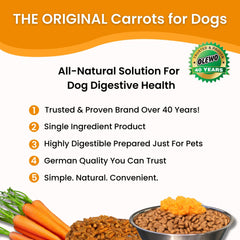 Olewo Original Carrots bottle-closeup highlights coat-health benefits for a shiny, healthy fur.