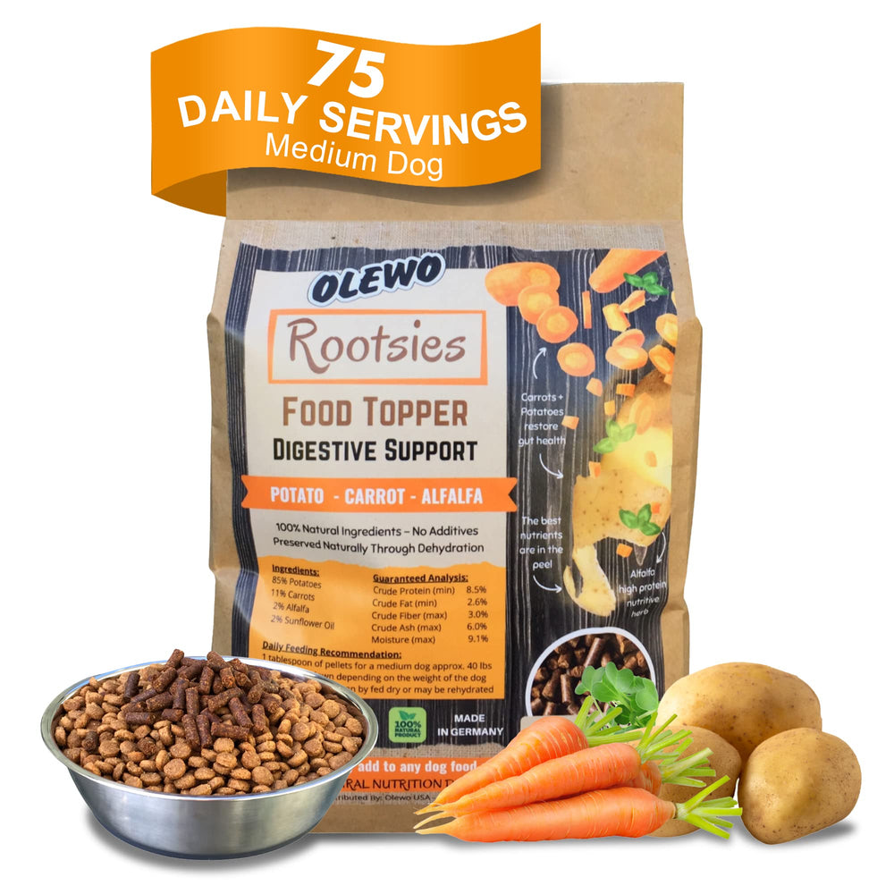 Olewo Rootsies pellets closeup for gentle digestion support.