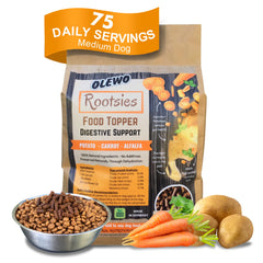 Olewo Rootsies pellets closeup for gentle digestion support.