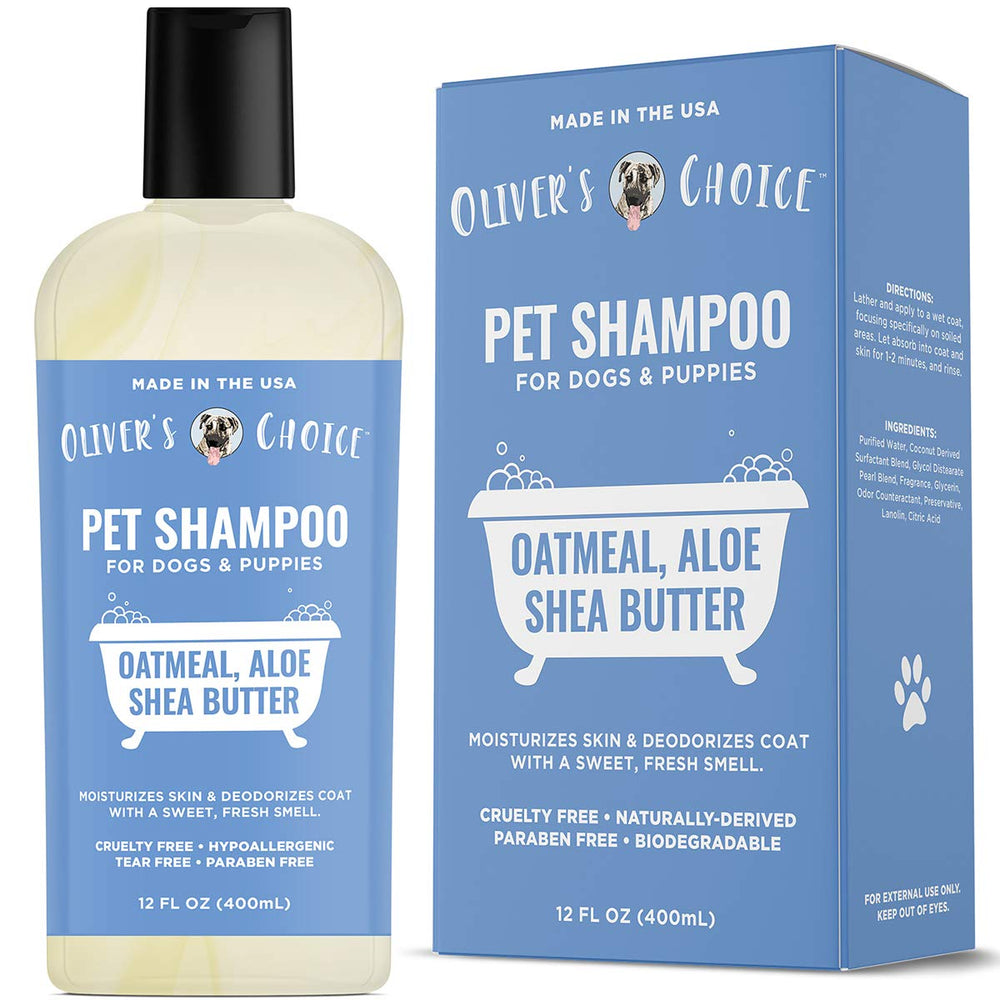 OLIVER'S CHOICE champú para perros: botella con etiqueta de avena y aloe, aroma suave.