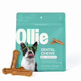 Ollie Dental Chews packaging highlights fresh breath benefits.