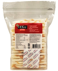 Ol' Roy Rawhide-Chicken Twists close-up shows real chicken pieces in a tasty chew.