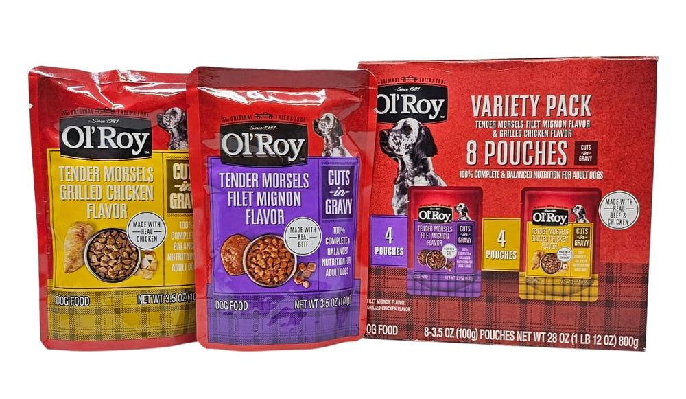 Ol' Roy wet dog food variety-pack 8 pouches provides convenient flavor variety.