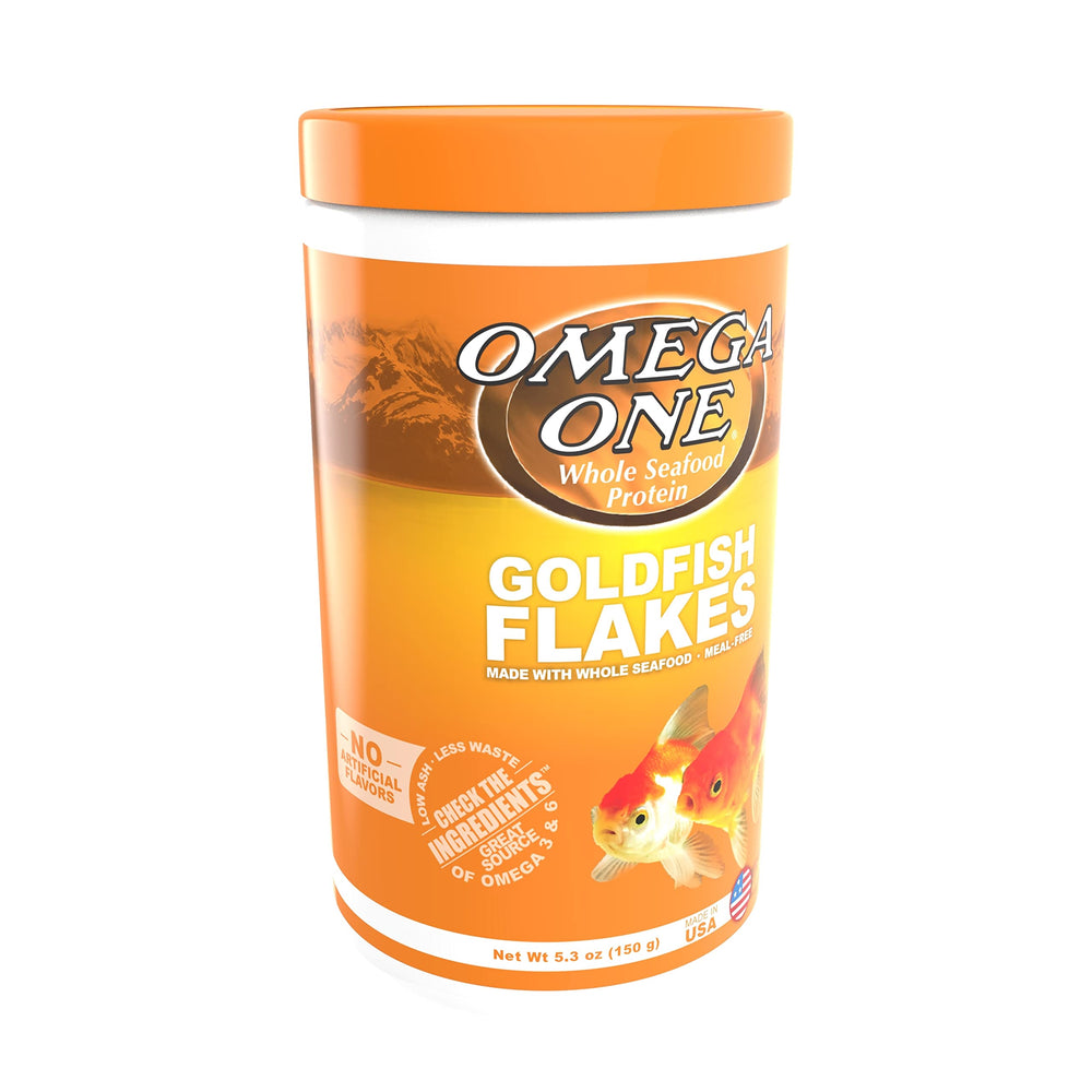 Omega One Goldfish Flakes colorful pieces for vibrant color in goldfish