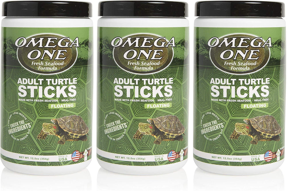 Omega One turtle sticks jar closeup in a 3-pack showing whole seafood ingredients for turtles
