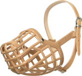 OmniPet muzzle front view with tan basket for breathable, safe training.