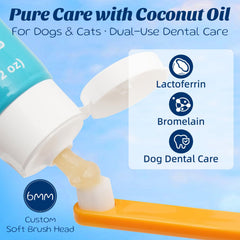 OMYGYM dog toothbrush in use with toothpaste kit for easy daily brushing.