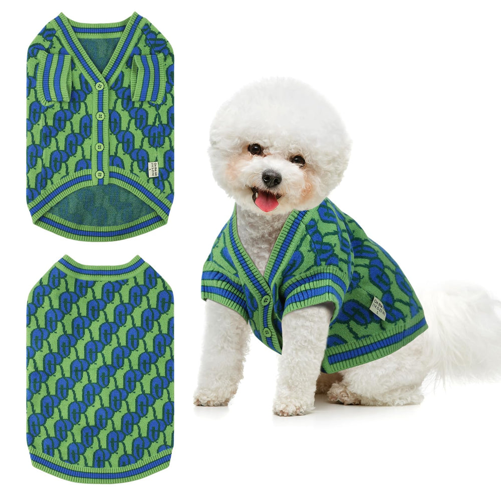 On The Roll pet sweater front view in green; cozy daily wear for dogs