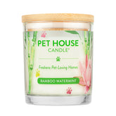 One Fur All Bamboo Watermint candle closeup highlights clean-burning wax for a fresh pet-friendly home.
