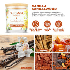 One Fur All vanilla sandalwood candle lit scene — warm, pet-friendly home.