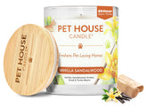 One Fur All pet house candle vanilla sandalwood closeup wax — clean-burning ambiance.