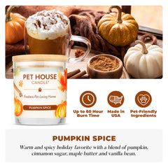 One Fur All Pet House Candles Pumpkin Spice closeup highlights soy wax quality for clean burning