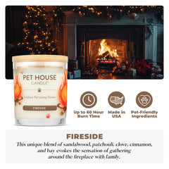 One Fur All fall candle close-up label emphasizes a dye-free, plant-based formula and clean burn.
