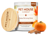 One Fur All pet house fall candle pumpkin spice label glows to create a cozy, odor-free room.