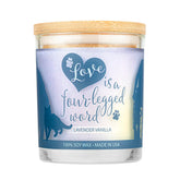 One Fur All Pet House Sentiments Candle jar smells Lavender Vanilla for a fresh, pet-friendly home.