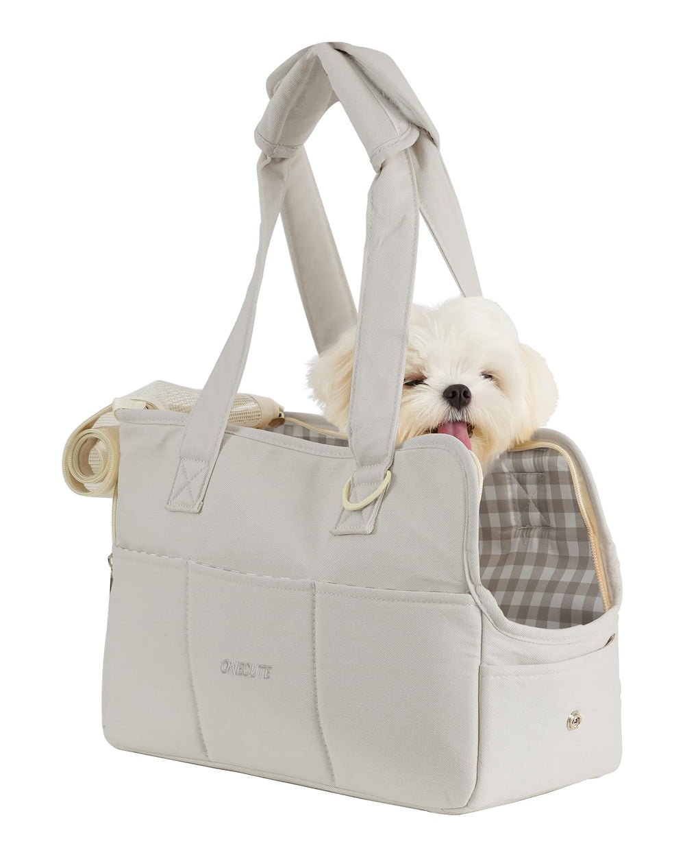 ONECUTE dog purse carrier grey front shows breathable mesh for comfy travel.