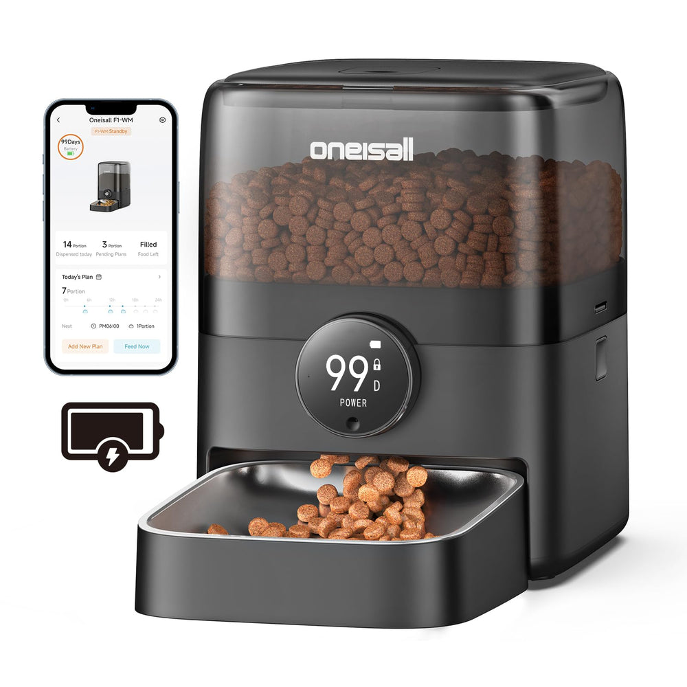 Oneisall cordless WiFi cat feeder front view for flexible placement and hands-off feeding.