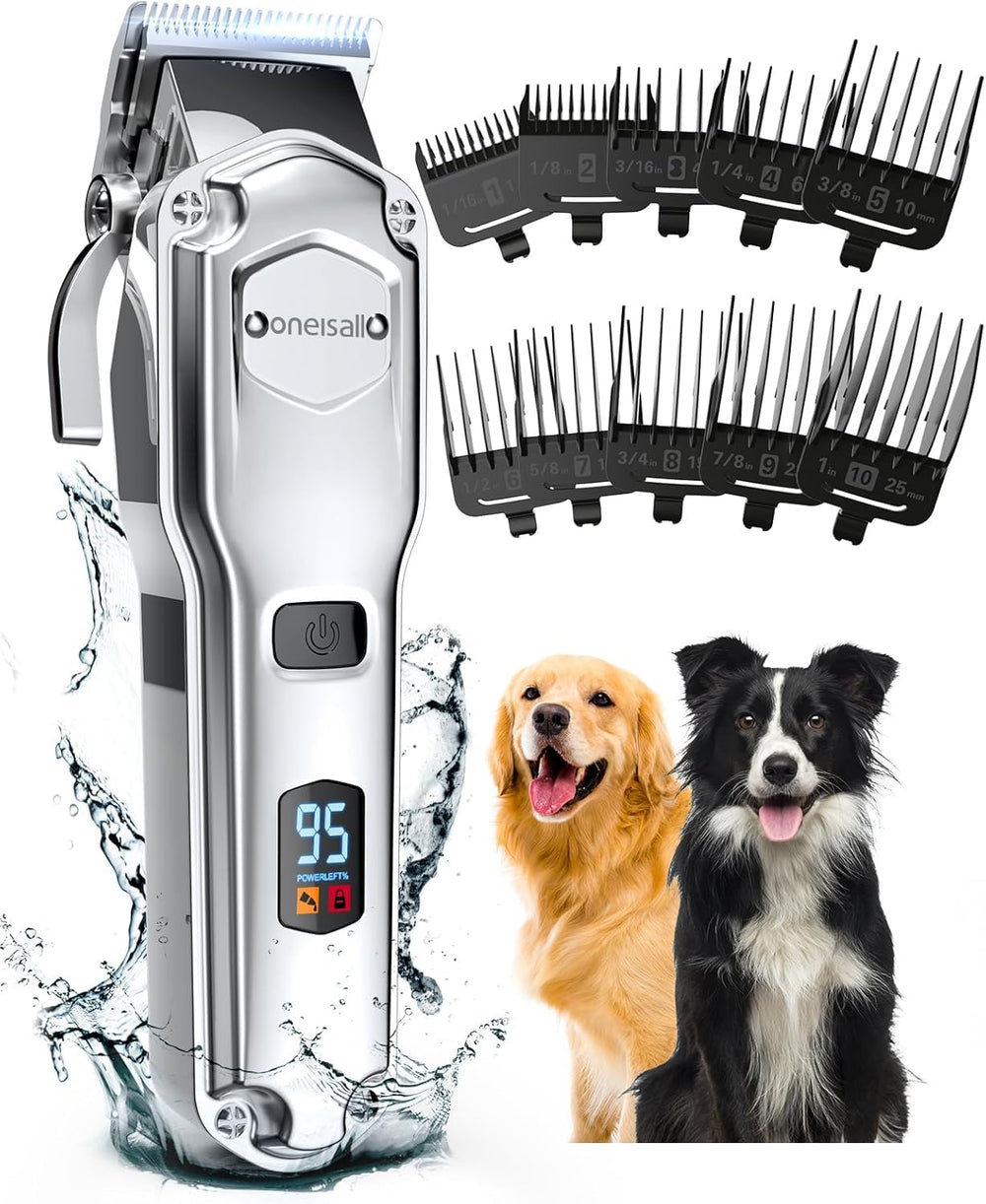 oneisall dog clippers stainless steel blade cleanly trims thick coats for a smooth groom.