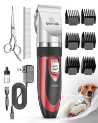Oneisall dog shaver clipper assembly showing complete home grooming setup for pets