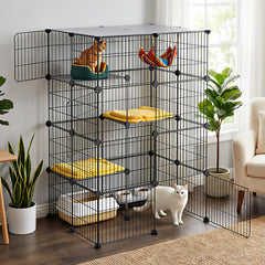 Oneluck 4-Tier Cat Playpen shows easy assembly for space to play
