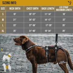 OneTigris dog support harness side profile demonstrates adjustable length for different dog bodies.
