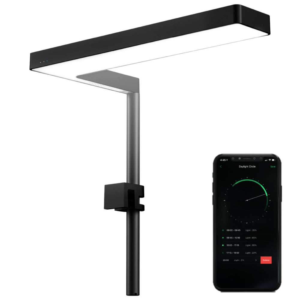 ONF Flat Nano+ 15W full-spectrum light in front view enhances tank brightness and plant growth