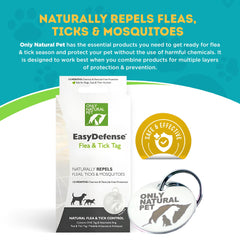 Only Natural Pet EasyDefense Tag water-resistant durability shown on a rugged outdoor scene for year-round wear