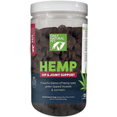 Only Natural Pet Hemp Hip Joint bottle pour shows easy chews for mobility.