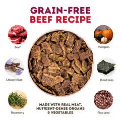 Only Natural Pet MaxMeat air-dried beef dog food bowl showcases convenient serving and savory aroma.